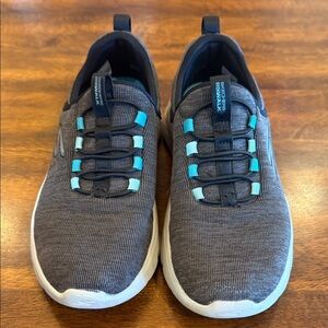 Skechers Slip-On Knit Sneakers in Charcoal and Teal